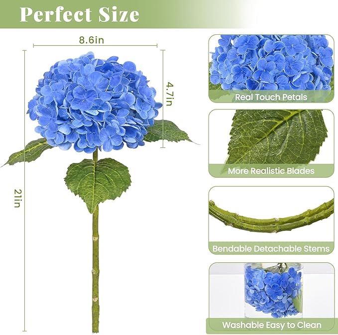 MARTINE MALL 4Pcs 21in Hydrangea Artificial Flowers, Latex Real Touch Hydrangeas Lifelike Large Hydrangea Flowers for Home Decor Party Arrangements Wedding Bouquets Centerpieces (Dark Blue)