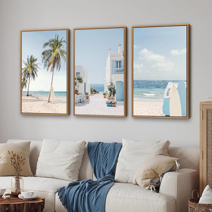 Rantodecor Beach Themed Framed Canvas Wall Art, Palm Tree Surfboard Van Wall Decor, Nordic Blue and White House Art Painting, Modern Relaxing Seascape Artwork for Bedroom Living Room Office 24"x36"x3