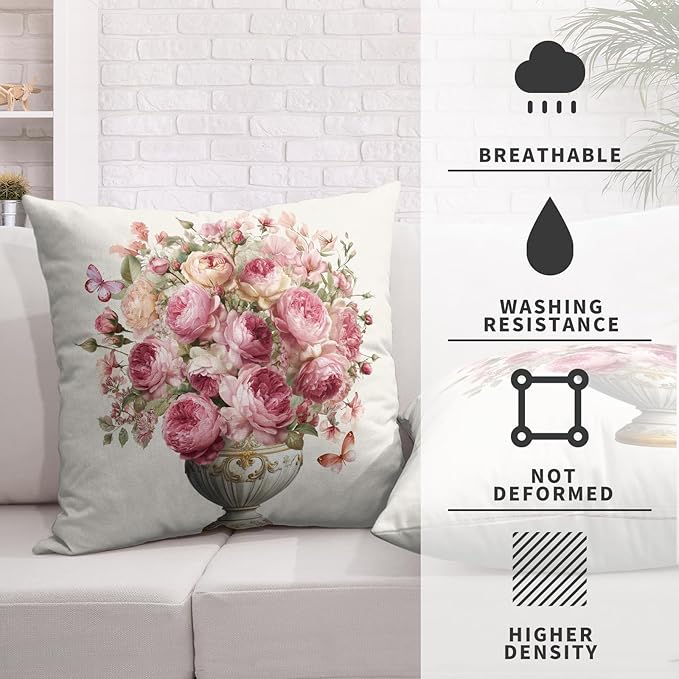 Rose Pillow Covers Spring Summer Pink Floral Throw Pillow Covers 18x18 Set of 2 Shabby Chic Pillow Cases Peony Flower Vase Cushion Cases for Home Farmhouse Couch Sofa Decor