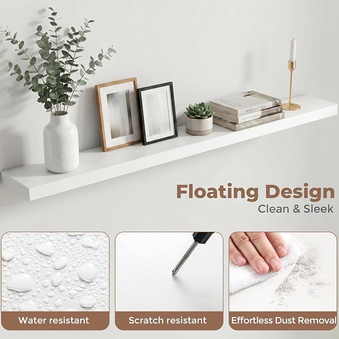 Venusmiles Floating Shelves for Wall, 55 Inch Floating Shelves Set of 1, 6.5" D Wooden Wall Mounted Display Shelves with Invisible Brackets for Living Room, Bedroom, Bathroom, Kitchen Decor, White