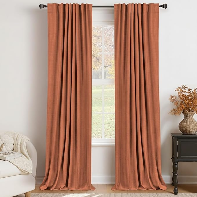100% Blackout Shield Linen Blackout Curtains for Bedroom 96 Inches Long, Back Tab/Rod Pocket Living Room Drapes, Thermal Insulated Blackout Curtains 2 Panels Set, 50" W x 96" L, Burnt Orange
