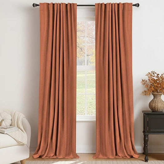 100% Blackout Shield Linen Blackout Curtains for Bedroom 96 Inches Long, Back Tab/Rod Pocket Living Room Drapes, Thermal Insulated Blackout Curtains 2 Panels Set, 50" W x 96" L, Burnt Orange