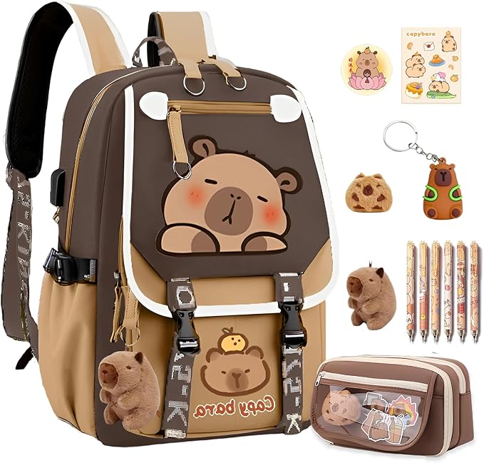 Waterproof Capybara Backpack，Large-capacity Kawaii capybara bag with 11-Piece Accessories (Badges, Pendants, Plush capybara, Stickers and others)