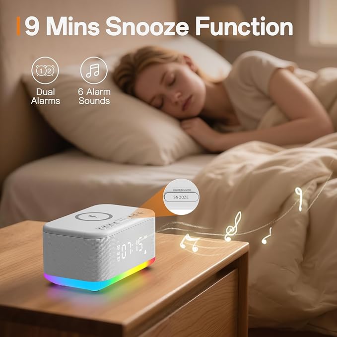 Wireless Charging Alarm Clock Bedroom, Digital Alarm Clocks Bedrooms Bluetooth, Loud Bluetooth Speaker Alarm Clock Night Light Dual Alarm Snooze 12/24H Dimmer Bluetooth AUX USB Charging, White