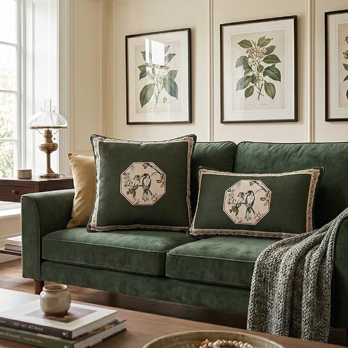 ISAENNE Vintage Elegant Linen Rectangle Throw Pillow Cover,20"x12"-Murad E | Designer French Green Pillow Cover,Concealed Zipper Design,Floral and Bird Pattern,Sofa,Bedroom,Living Room,Lounge Chairs