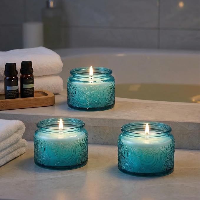 4 oz Blue Sun Moon Stars Candle Jars with Bamboo Lids, 18 Pack | Patented Embossed Design, Includes Wick Centering Devices & Warning Labels, Multiple Color Options