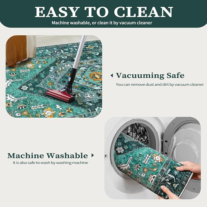 SERISSA 2x4 Boho Rugs for Entryway, Washable Non-Slip Kitchen Runner Rug, Ultra Soft Small Area Rug Vintage Teal Low-Pile Door Mat Indoor Entrance Carpet for Bedroom Hallway Laundry Room Bathroom