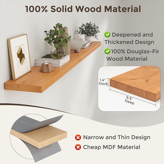 Axeman 72 Inch Floating Shelves for Wall, 9.3" Deep High End Solid Real Wood Wall Shelves with Heavy Duty Invisible Bracket for Living Room, Bedroom, Kitchen, Bathroom, Set of 1, Natural