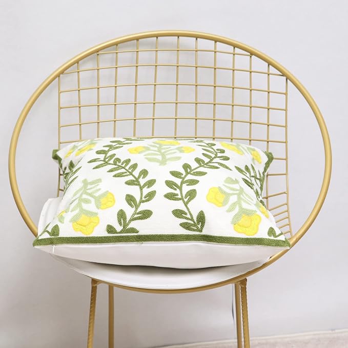 Set of 2 Embroidered Decorative Throw Pillow Covers Couch Square Pillowcases Cushion for Bedroom Sofa Farmhouse Decor 18x18 Inch (Yellow Floral)