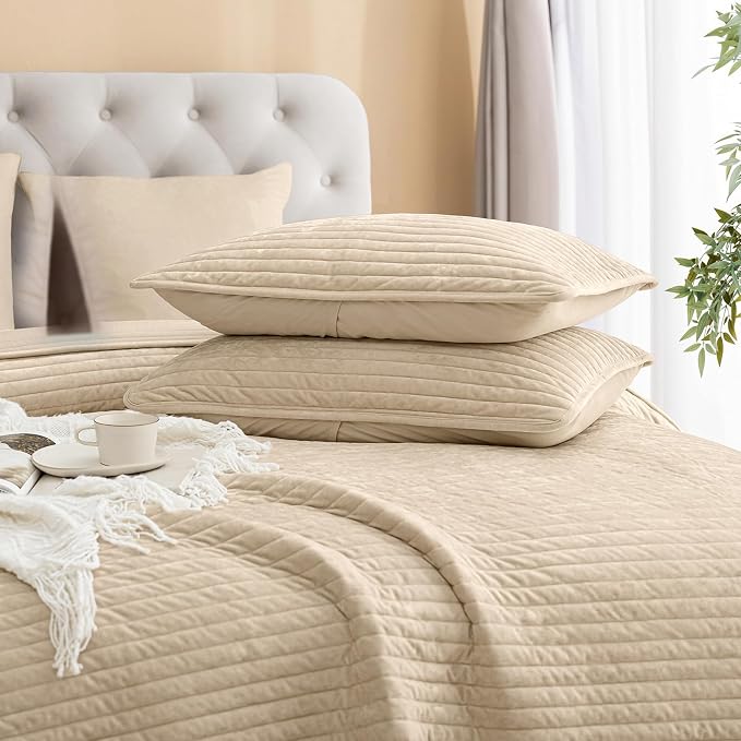 PHF Luxury Velvet Quilt Set Twin Size – 2PCS Ultra Soft Quilted Comforter Alternative with Striped Channel, Cozy Quilted Bedspread, 1 Coverlet with 1 Matching Sham, 68" x 92", Oxford Tan