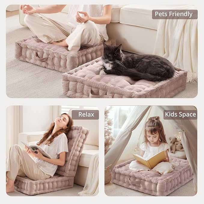 Intelligent Design Azza Floor Pillow, Large Cushions Sitting for Adults, Floor Pillow for Meditation or Yoga, Lustrous Chenille Tufted with Scalloped Edges for Bench/Chair Cushion, 24"x24"x5" Blush