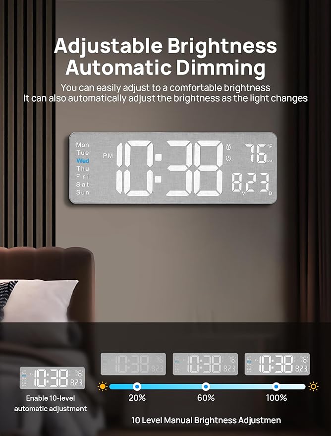 MASHI 2026 Upgrade Digital Wall Clock, 16" Large Display Digital Clock with Remote Control, Auto-Dimming Wall Clock with Night Light, DST, Date Week,Temp for Living Room, Gift for Elderly (Grey)
