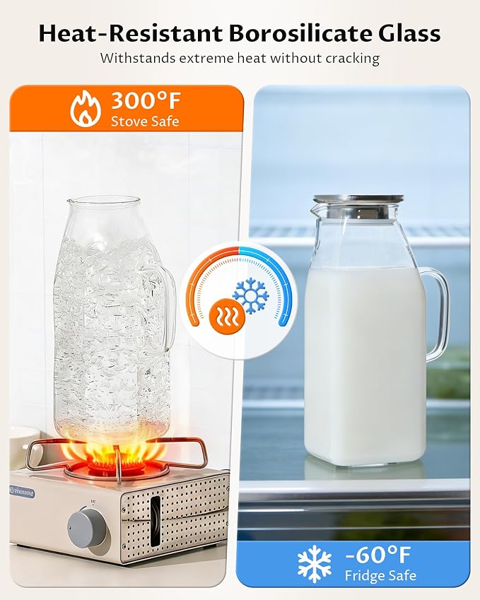 68oz Borosilicate Glass Pitcher with Lid and Handle – Square Water Carafe with Filter Spout for Hot & Cold Drinks, Iced Tea, Juice, and Fridge Storage
