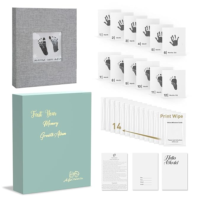 Baby Inkless Milestone Cards Hand Casting Kit Ink Print Hand and Footprint Kit Dog or Cat Pet Paw Print Kit Baby Newborn Footprint Kit Photo Album Keepsake Book Feet Stamp (Green Gift Box + Album)