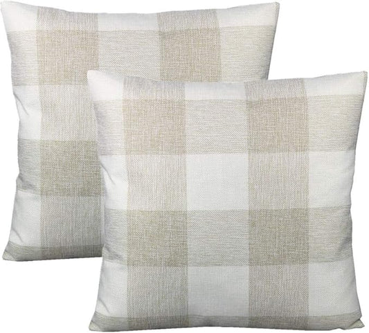 VAKADO 16x16 Set of 2 Farmhouse Buffalo Plaids Decorative Throw Pillow Covers Retro Rustic Checkers Square Cushion Cases Home Decor Outdoor for Sofa Couch Patio, Beige Cream White