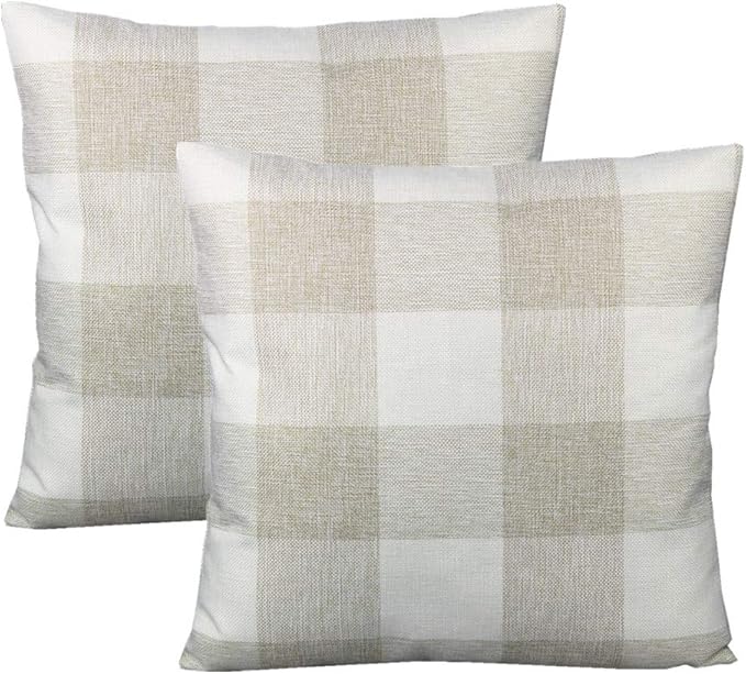 VAKADO Beige Outdoor Farmhouse Buffalo Plaids Decorative Throw Pillow Covers Retro Checked Square Cushion Cases Classic Coffee Check Home Decor for Couch Sofa Patio 24x24 Inch Pack of 2