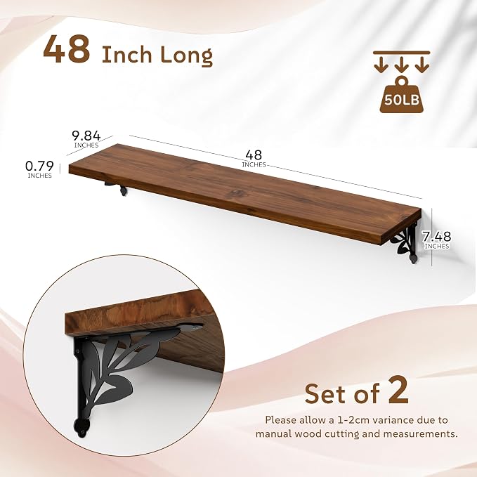 48 Inch 2 Tier Solid Wood Floating Shelves for Wall with Metal Brackets | 48 inch solid pine shelves, 2 tier, walnut finish, metal brackets for books, decor and home storage
