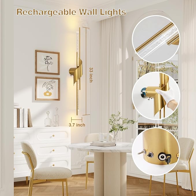 camuucci Battery Operated Wall Sconces Set of Two,Modern Wireless Wall Lights,LED Rechargeable 20000mAh Not Hardwired Remote Control Dimmable Wall Lamp Fixtures for Bedroom Gold 33 Inches