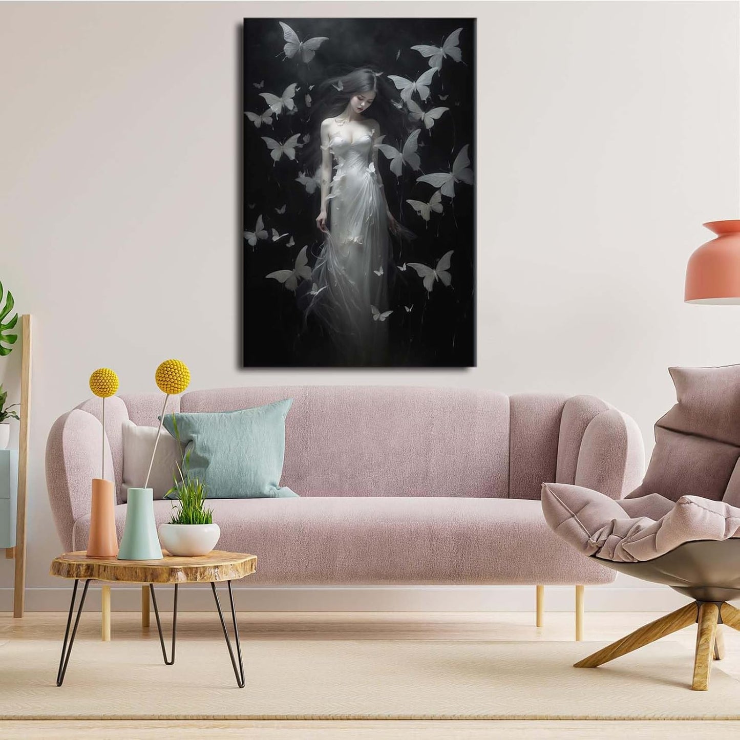 Vintage Gothic Feminine Canvas Wall Art Print Butterfly Poster Moody Female Wall Art Retro Artwork Dark College Decor for Home Bedroom12x16in Wood Framed