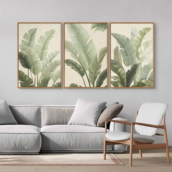 Rantodecor Sage Green Framed Canvas Wall Art, Minimalist Tropical Leaf Wall Decor, Boho Beige Nature Leaf Art Paintings, Bohemian Triple Panel Plant Artwork for Bedroom Living Room Office 24"x36"x3