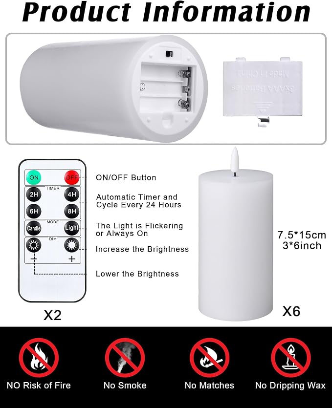 VIHOSE White Flameless Candles Set with Remote and Timer Flickering Flameless Battery Candles Flat Top LED Pillar for Wedding Outdoor Home Festival Decoration(D 3" H 6")