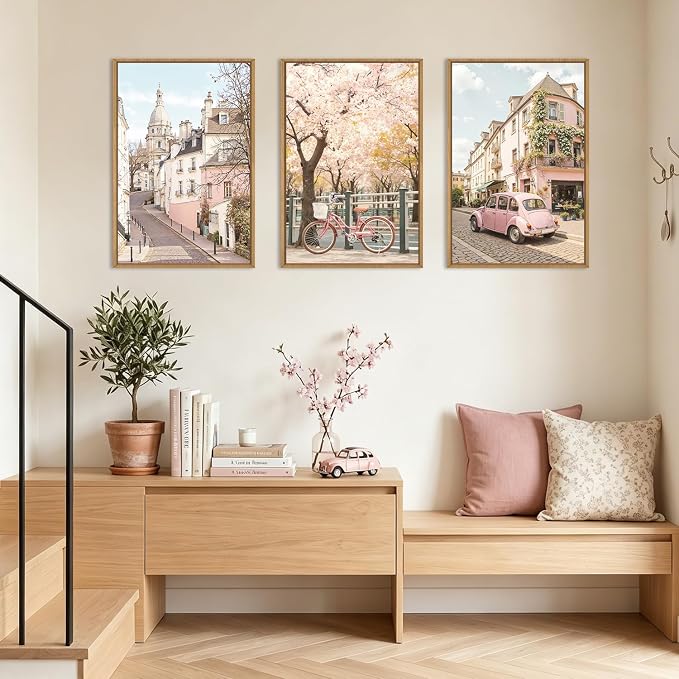 Italy Pink Cityscape Framed Canvas Wall Art Set, Romantic Flower Street Wall Decor, Vintage Travel City Wall Painting, Italian Pink Bike Art Prints for Living Room, Bedroom, Office - 16"X24"X3
