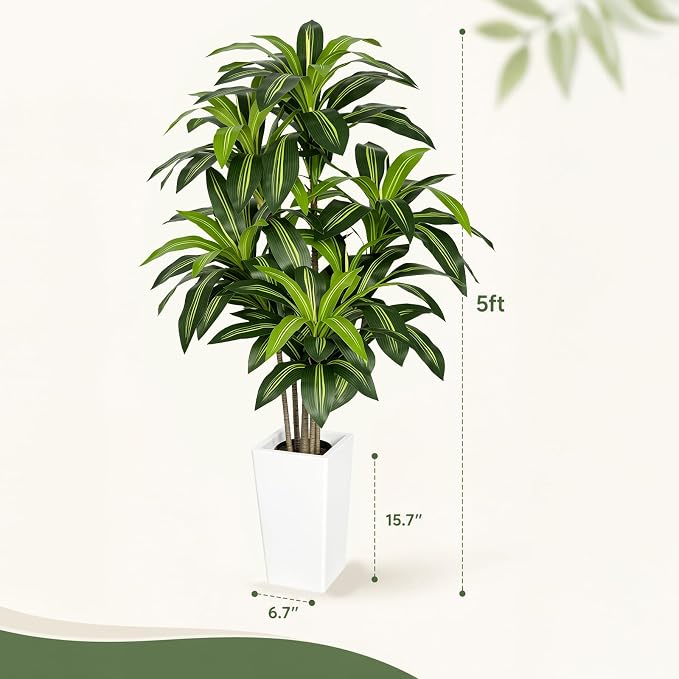 Artificial Dracaena Tree 5FT, Stable Multi-Trunk Fake Tree Indoor with White Tall Planter,Faux Silk Plant for Living Room Office Decor, UV Resistant Realistic Leaves