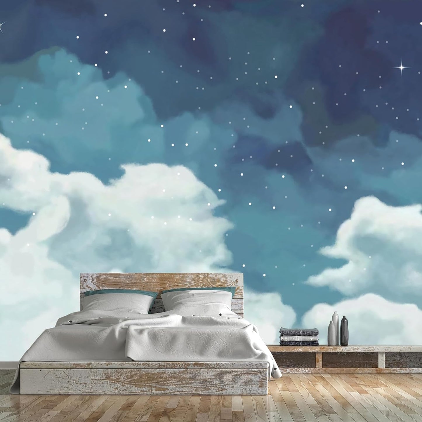 WFBHUA-Vintage Cloud Wallpaper Hand Painted Blue and White Clouds Stars Kids Wall Murals Decor for Bedroom Room(Not Peel and Stick)