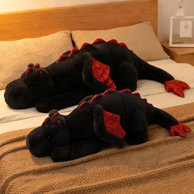 ARELUX Giant 50in 3Lb Big Black Dragon Large Stuffed Animals Cute Plush Toy Fuzzy Jumbo Dinosaur Pillow Plushies with Wings Cuddly Soft Green Pterosaur Plushie Gifts for Friends Family