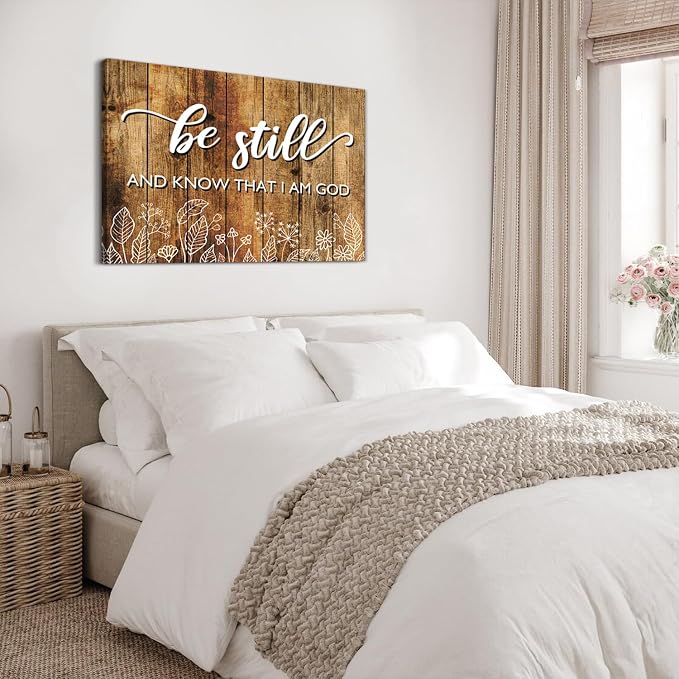 Farmhouse Christian Wall Art for Living Room Rustic Vintage Religious Bible Verse Picture Be Still and Know That I Am God Posters Canvas Prints Framed Artwork Bedroom Kitchen Home Decorations 32x48
