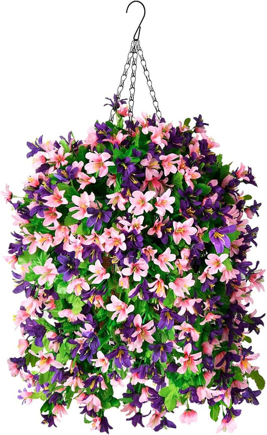 INQCMY Artificial Hanging Flowers in Basket for Outdoor Spring Summer Decoration,4pcs Faux Silk Violet in Planter UV Resistant for Outside Home Patio Garden Porch Deck Decor(Pink Purple)