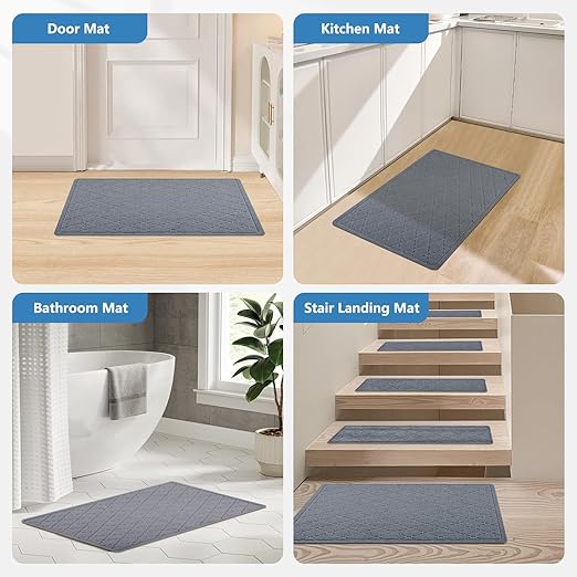 Stair Treads Non Slip Landing Rug for Wooden Steps Indoor, Peel and Stick Stair Treads Matching-Mat 20"X32" Landing Slip Resistant Stair Rugs for Kids and Dogs, Polyester Stair Landing Mat, Grey Blue