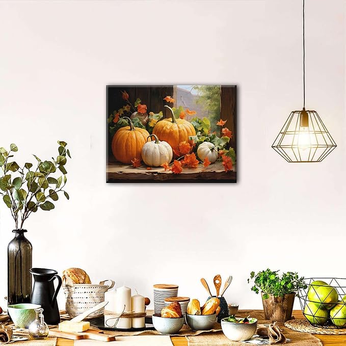 Fall Pumpkin Canvas Wall Art Halloween Pictures Maple Leaf Decor Thanksgiving Wall Prints Rustic Autumn Themed Wall Decor Framed Modern Artwork for Living Room Kitchen Bedroom Home Decorations 12x16”