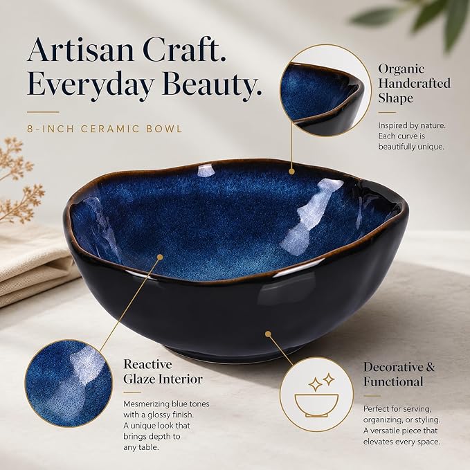 8" Blue Ceramic Decorative Bowl, Ceramic Fruit Bowl, Key Bowl for Entryway Table, Candy Dishes, Fruit Bowl for Kitchen Counter, Blue Small Jewelry Trinket Dish for Bedroom, Bedside Table, Living Room