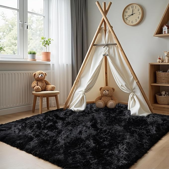 4x6 Area Rug for Living Room, Ultra Soft Fluffy Shag Rugs for Bedroom, Non-Slip Large Fuzzy Plush Rug Indoor Floor Carpet for Nursery Kids Office Dorm Modern Decor, Black