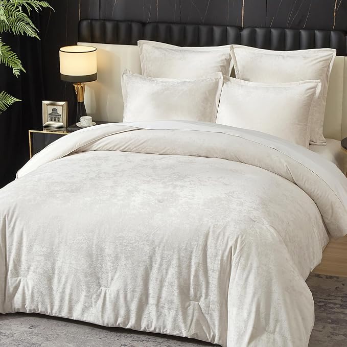 Ivellow Crushed Velvet Comforter Set Queen Ivory Comforter Set 5pcs Ultra Soft Lightweight Breathable Bedding Set Luxury Cozy Flannel Comforter Queen Size (1 Comforter,2 Pillow Shams, 2 Euro Shams