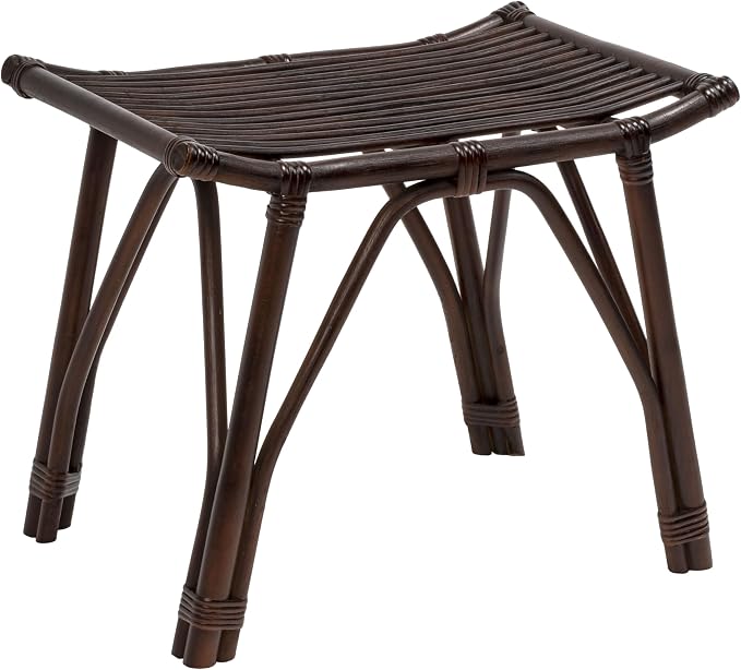 JONATHAN Y Gabriel 18" Handcrafted Rattan and Teak Wood Vanity Stool, Bohemian Backless Accent Ottoman Footstool, Dark Brown STL3005B