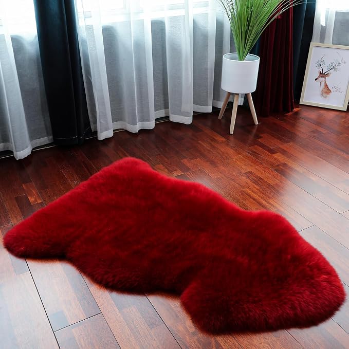 Red Genuine Sheepskin Rug, Fluffy Shaggy Fur Fuzzy Area Rug for Bedroom Living Room Soft Fur Wool Pray Pup Area Cushion Carpet, Chair Sofa Seat Cover, Single Pelt/2FT*3FT