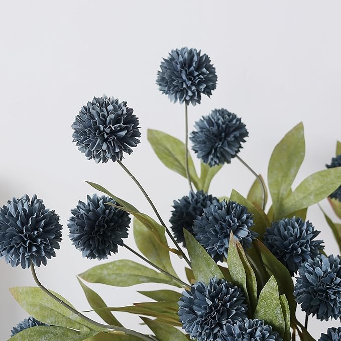 VIERENA 12 Pcs Faux Silk Pompon Mum Artificial Flowers for Vase -27", Bulk Fake Chrysanth Branches with Stems for DIY Bouquet Centerpieces Wedding Fillers Arrangements Shower Decorations (Dark Blue)