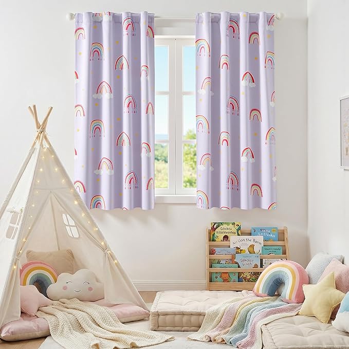 Vangao Blackout Curtains for Kids Bedroom Rainbow Purple Nursery Curtains 63 Inch Length Short Drapes for Teen Girls Thermal Insulated Room Darkening Light Blocking for Living Room Set of 2