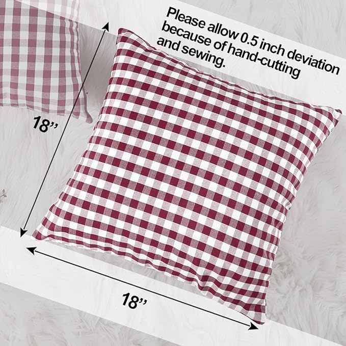 CARRIE HOME Red Plaid Throw Pillow Covers 18 x 18 Set of 2 Burgundy Gingham Pillow Covers 18x18 Christmas Decor for Bedroom