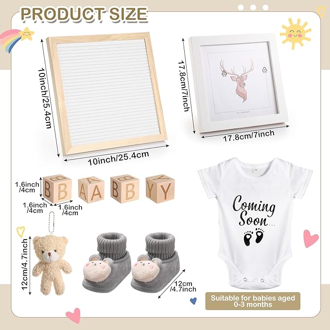 Canlierr 9 Pcs Pregnancy Announcement Set Pregnancy Reveal Ideas Felt Letter Board Baby Bodysuit Booties Photo Frame Bear Plush Wood Blocks for Coming Soon Baby Announcement(White)