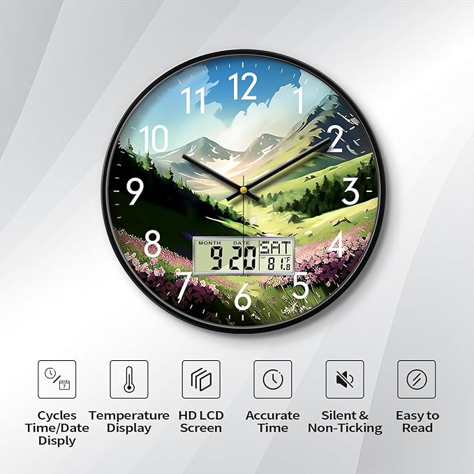 14 Inch Mountain Wildflowers Wall Clock, Silent Non-Ticking Battery Operated Analog Clock with LCD Calendar & Temperature Display, Modern Wall Clock for Living Room, Bedroom, Farmhouse, Cottage Decor