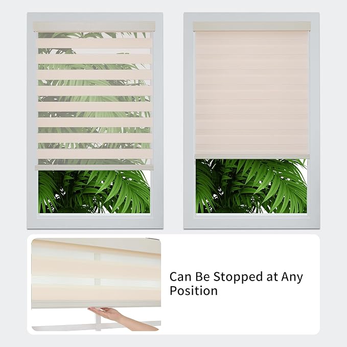 Joydeco Cordless Zebra Blinds (Pro), Dual Layer Light Control Zebra Blinds for Windows, Light-Proof Aluminum Cover, Free-Stop Roller Shades for Home & Office (Beige, 16" W x 48" H)