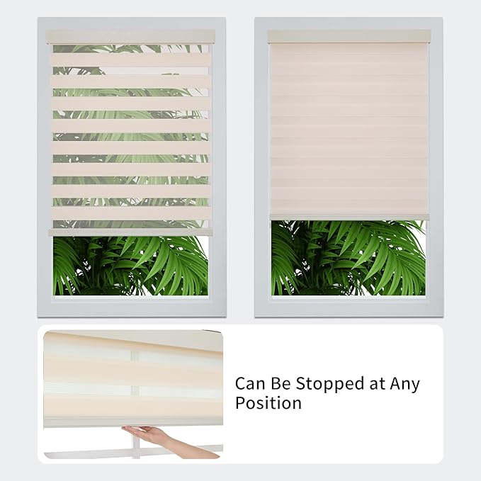 Joydeco Cordless Zebra Blinds (Pro), Dual Layer Light Control Zebra Blinds for Windows, Light-Proof Aluminum Cover, Free-Stop Roller Shades for Home & Office (Beige, 27" W x 75" H)