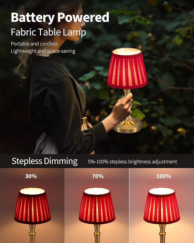 KDG Cordless Portables Table Lamp Set of 2, LED Fabric Shade Small Desk Lamps, 5000mAh Battery Powered Lighting, 2700K Stepless Dimmable Light for Living Room, Dining Room, Bedroom (Gold+Red)