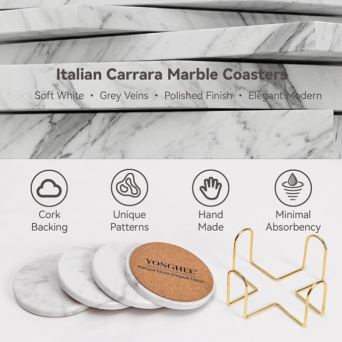 Soft White Marble Coasters Set of 4 with Holder, Elegant Drink Coasters for Coffee Table, 4" Polished Natural White Stone Coaster with Grey Veins – Heat Resistant, Non-Slip, Housewarming Gift