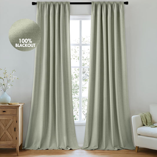 MIULEE 100% Blackout Curtains 108 Inch Long 2 Panels for Bedroom, Thick Luxury Faux Linen Black Out Curtain Room Darkening Back Tab Pleat Window Textured Drapes with Hooks for Living Room, Sage Green