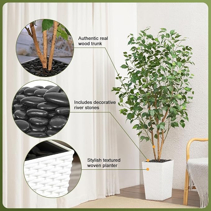 VeriNatural 6ft Artificial Ficus Tree-Tall Faux Tree with Pebbles & Planter UV Resistant Potted Fake Plant with Silk Leaves & Real Wood Trunk-Indoor Outdoor Floor Plant for Home,Living Room,VN129