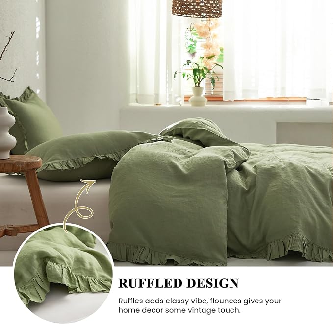 Simple&Opulence 100% Linen Duvet Cover Set, 3 PCS Natural French Flax Sage Green Ruffle Duvet Cover King Size, Breathable Comfy Linen Bedding Comforter Cover with 2 Pillowcases(Sage Green, 104" X 92")